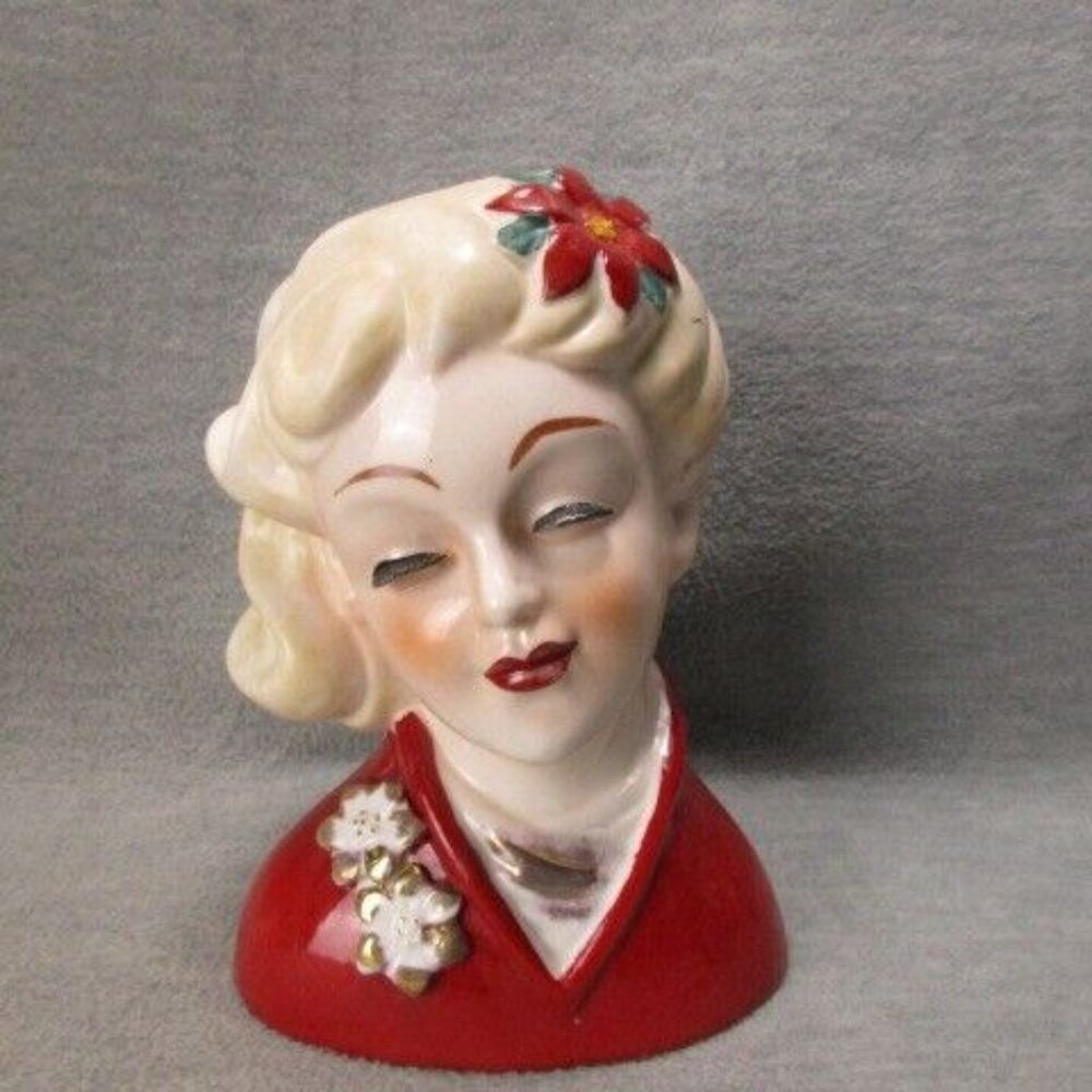 Vintage Lady Head Vase Red Gold Poinsettia Holiday 6.5in Ceramic